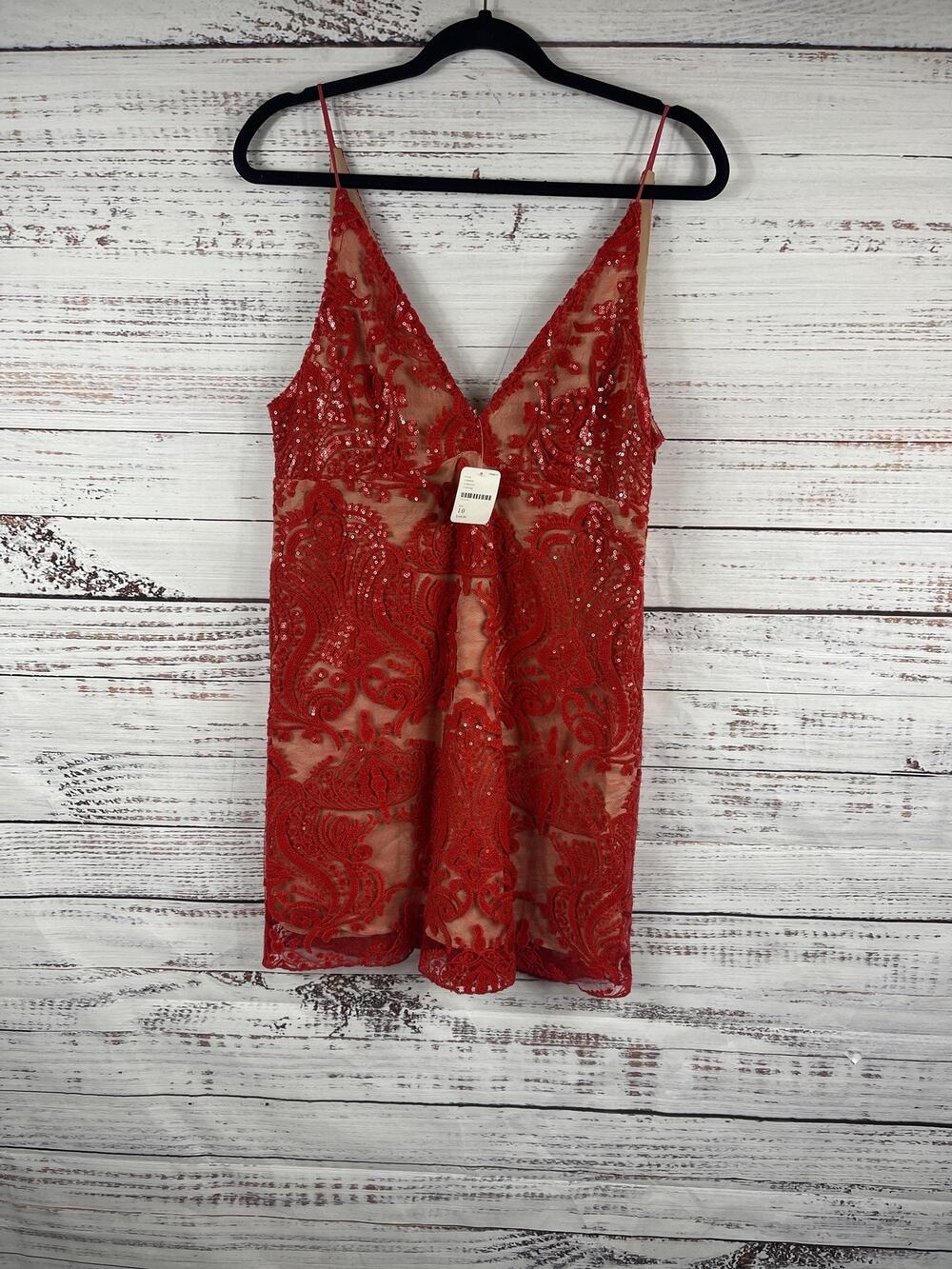 Free People Red Lace Sequin Dress 10 Nude Lined Spaghetti Strap Party Cocktail
